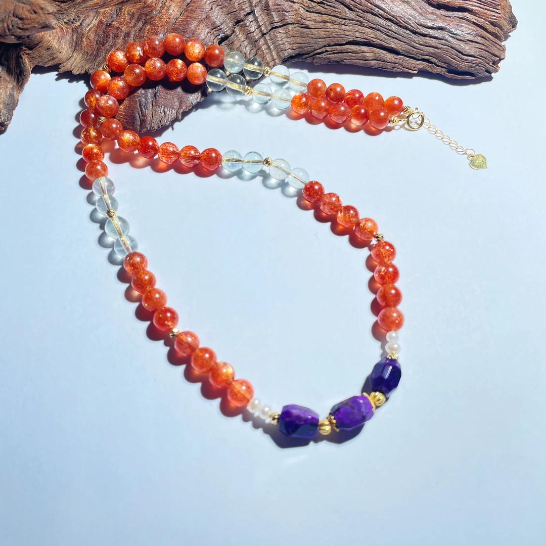 【耿总】天然舒俱来切面太阳石绿柱石珍珠18K项链5+多样发一D0623