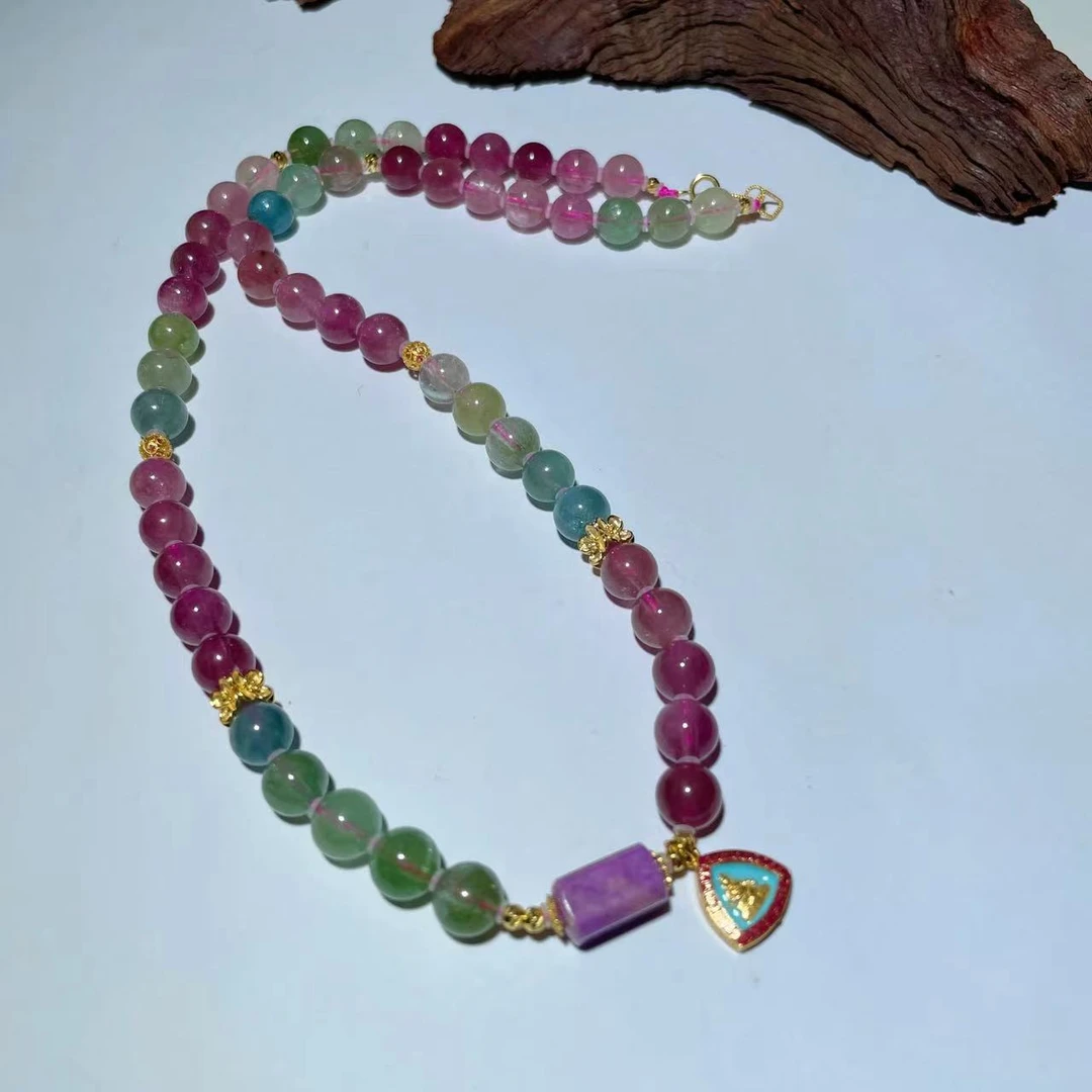 【圣芭黎】天然彩虹碧玺舒俱来樱花粉紫方块18K黄财神项链7+