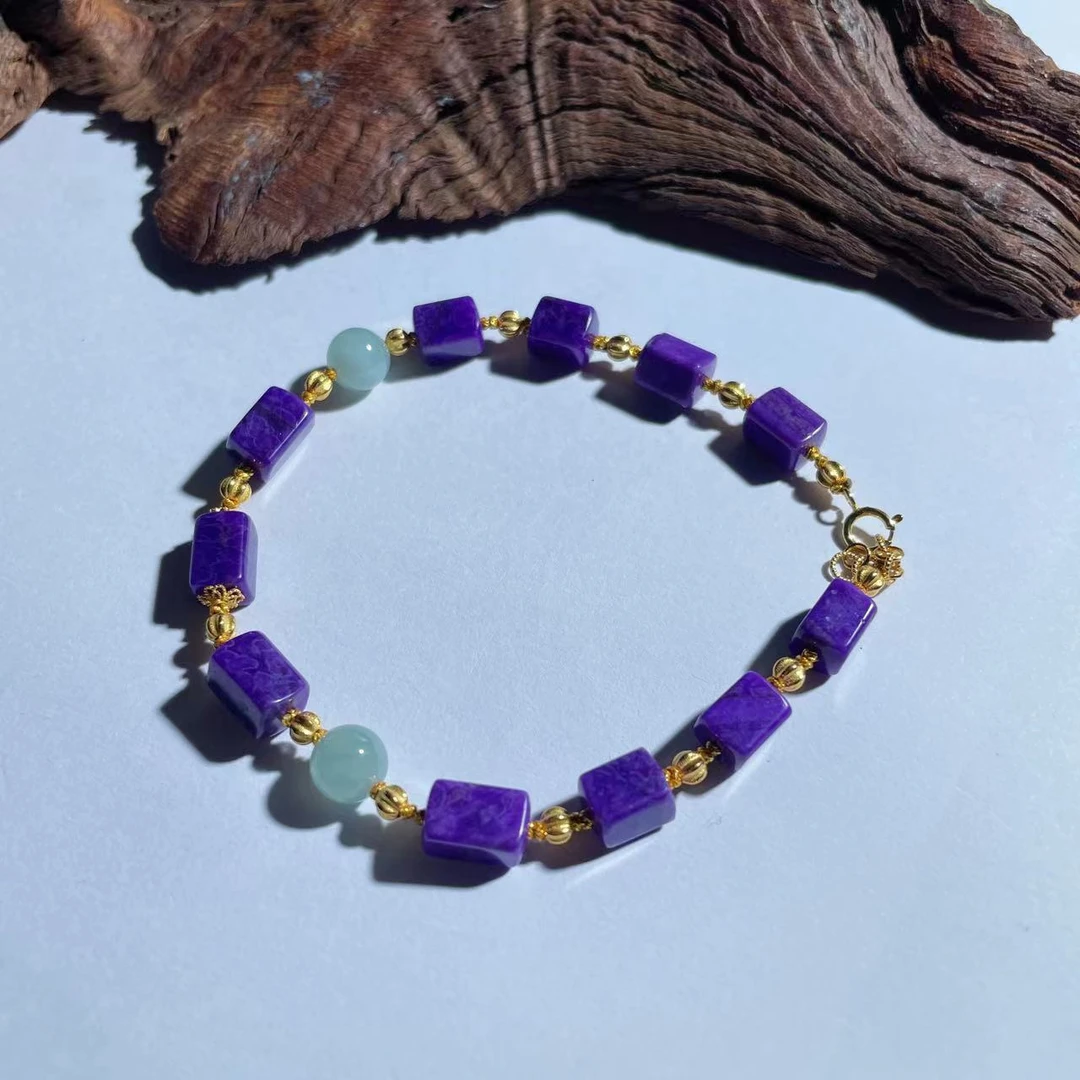 【圣芭黎】天然舒俱来艳紫方块圆珠翡翠18K手链5+多样性发一D0088