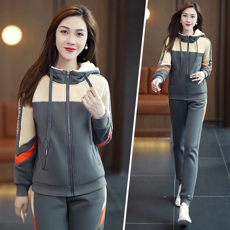 加绒加厚运动服套装女冬季洋气减龄显瘦拼色气质连帽休闲服两件套