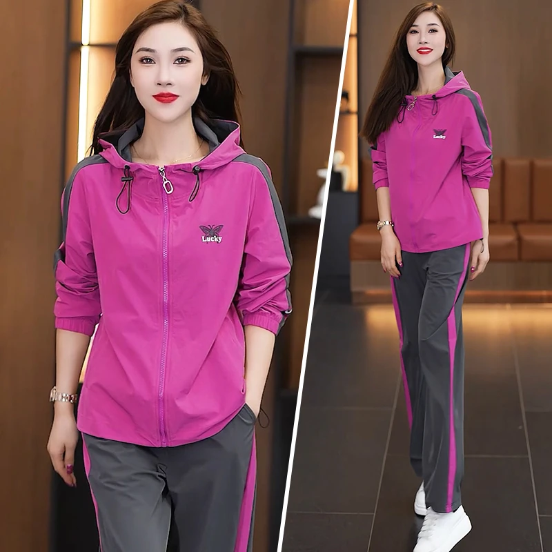 运动套装女士2025新款春秋季连帽运动风时尚洋气跑步服大码休闲装
