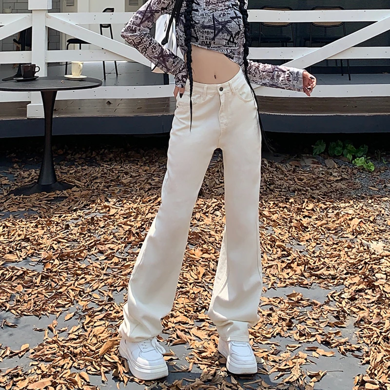 米白色直筒牛仔裤女加长2023早秋新款高腰显瘦宽松休闲阔腿裤子