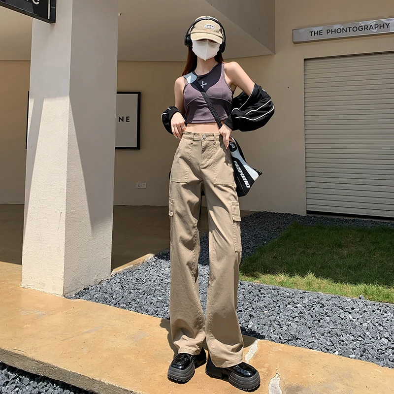 【清仓】卡其工装裤女春夏新款高腰窄版直筒长裤加绒显瘦休闲裤子