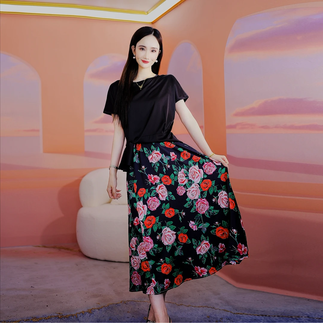 【南油真丝清仓】月季花 桑蚕丝印花显瘦碎花半身裙女2024春夏新款
