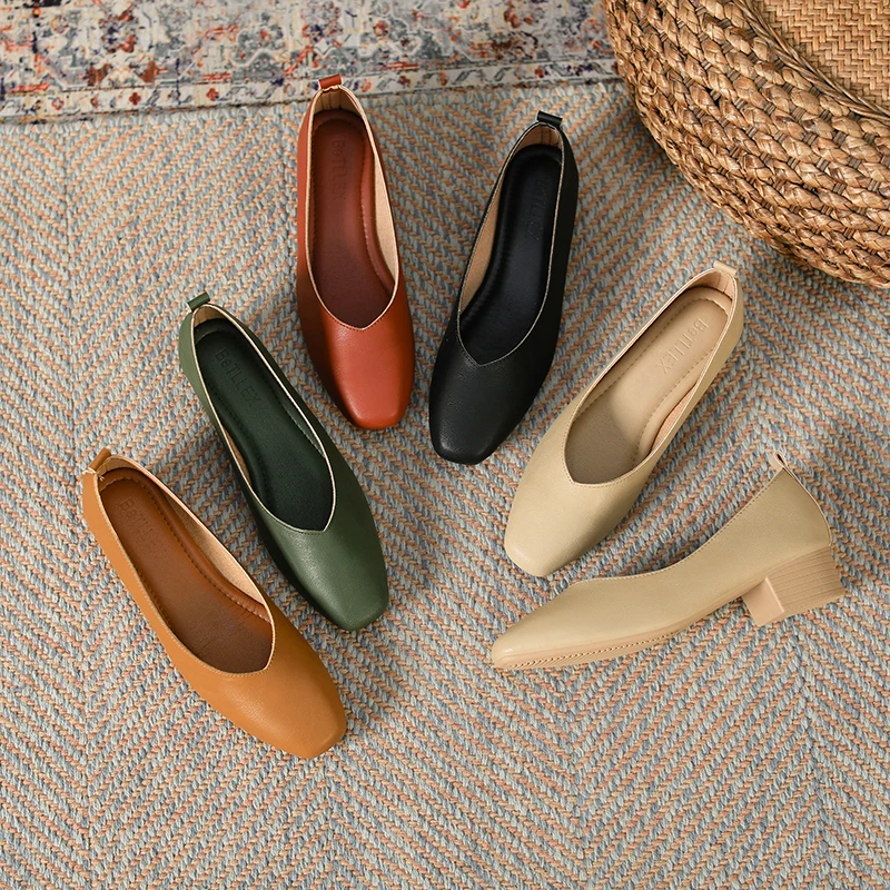 真皮方头中跟单鞋女时尚百搭软皮软底2025复古奶奶鞋浅口粗跟女鞋