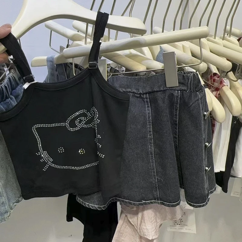 女童套装夏季牛仔裙吊带上衣辣妹短款时尚百搭黑色设计感裤裙套