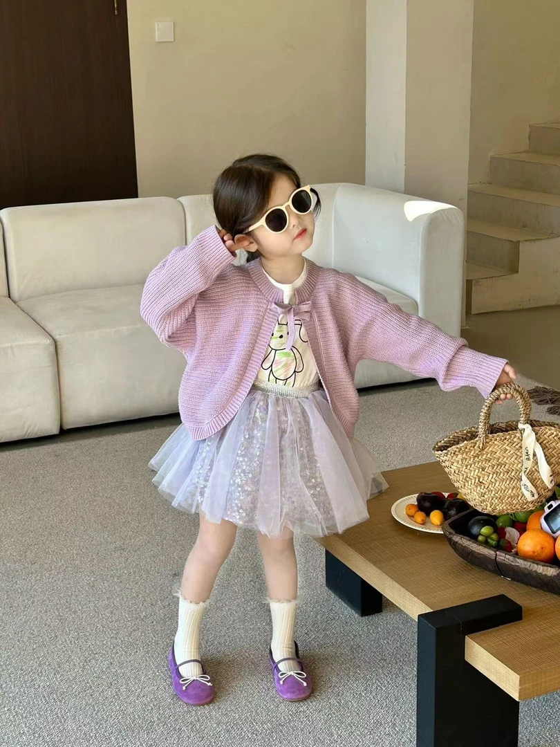 1儿童长袖针织开衫毛衣两件套公主风洋气秋装套装韩版亮片毛衣