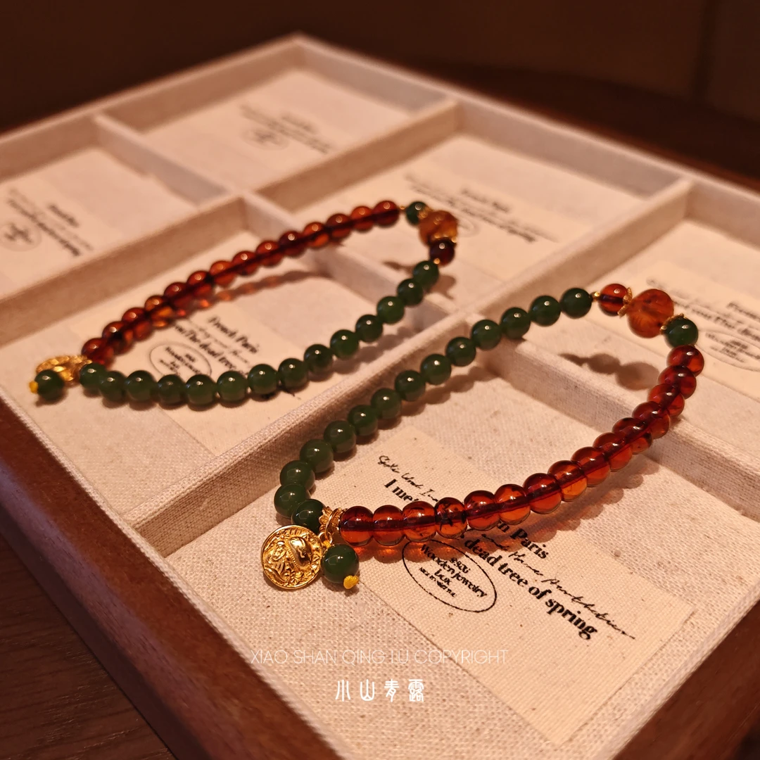 【GHHR143】抚顺血珀半山半水手串S925银镶长18cm-多样性发其一