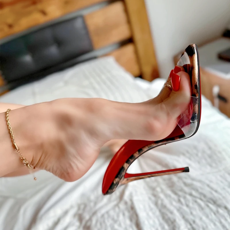 【定制款】尖头高跟鞋红色超高跟拖鞋女细跟露趾半拖简约欧美凉鞋