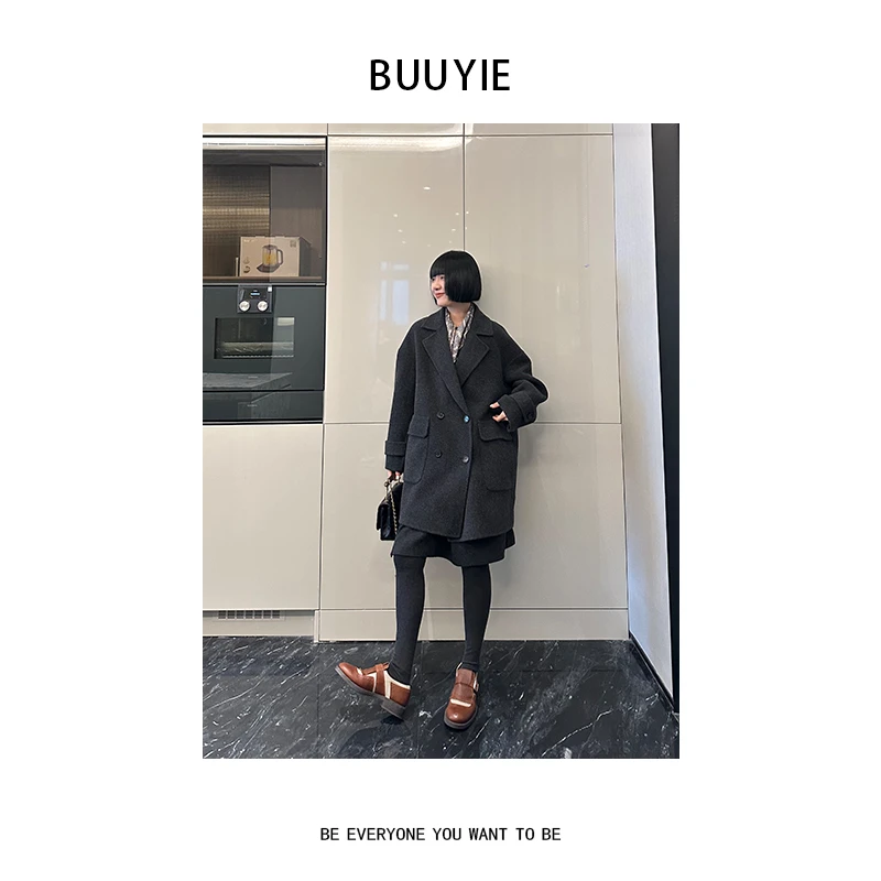 BUUYIE 2024秋冬新款中长款宽松羊毛毛呢大衣外套 2470446
