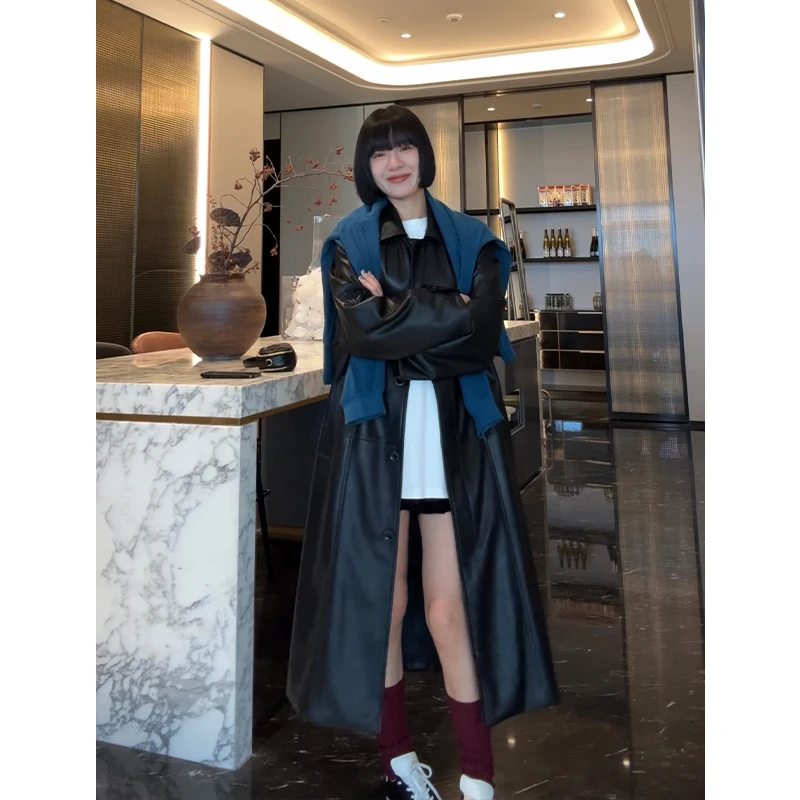 BUUYIE秋冬新款时尚百搭洋气纯色皮风衣长款2470321