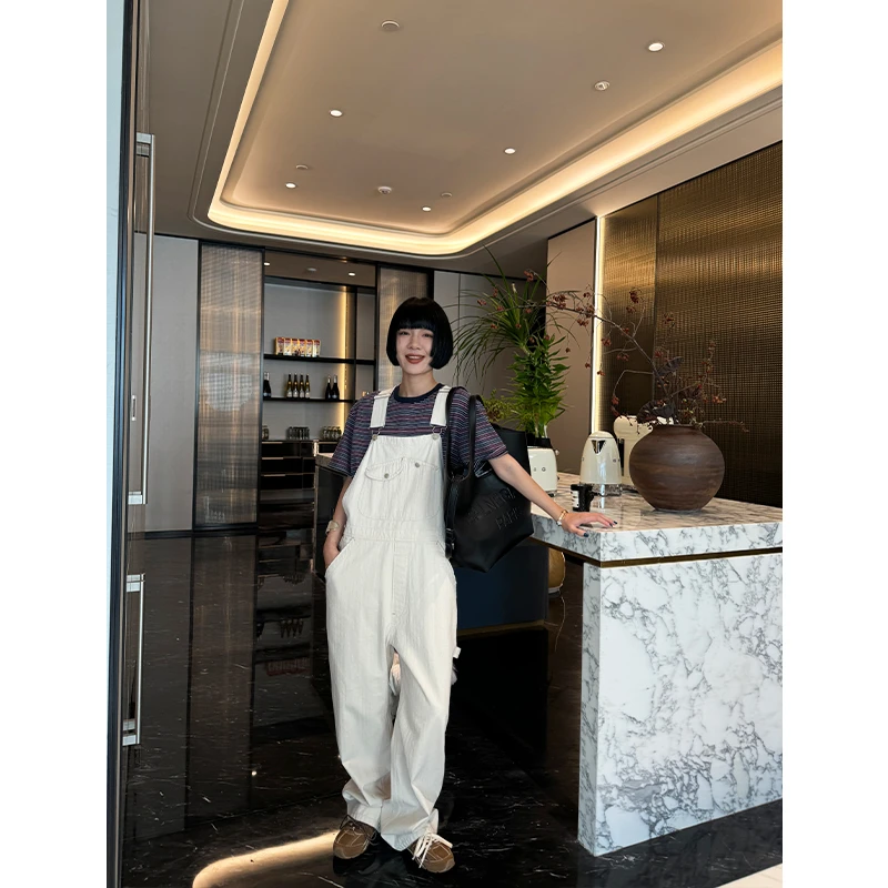 BUUYIE   新款春秋显瘦时尚阔腿米色纽扣背带牛仔连体裤  LTK1179