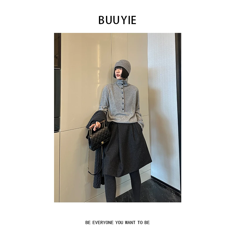 BUUYIE 秋冬文艺北欧复古立领扣子高领100羊毛毛衣 2470450