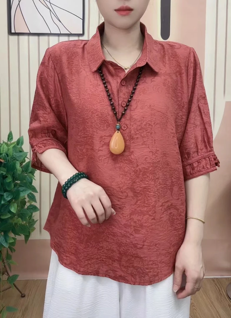 新款翻领半袖洋气时尚显瘦气质宽松简约女士中袖薄款大码夏季通勤