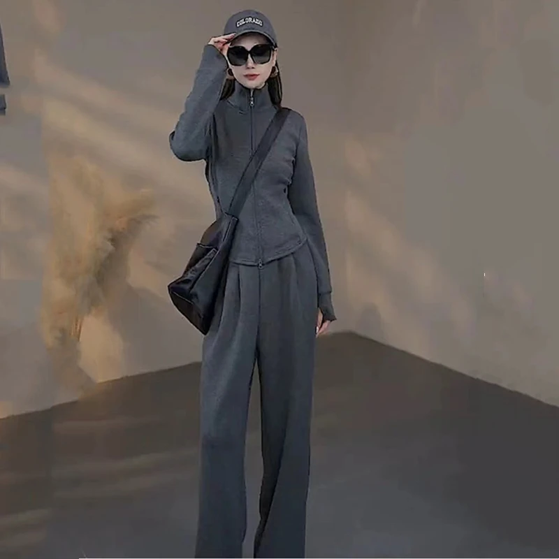 休闲运动套装女时尚洋气欧货修身外套阔腿裤秋装搭配一整套潮