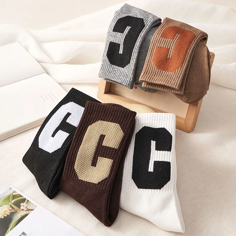 韩板ins潮牌袜子百搭运动大C图案字母秋冬新款中筒男堆堆女长袜夏