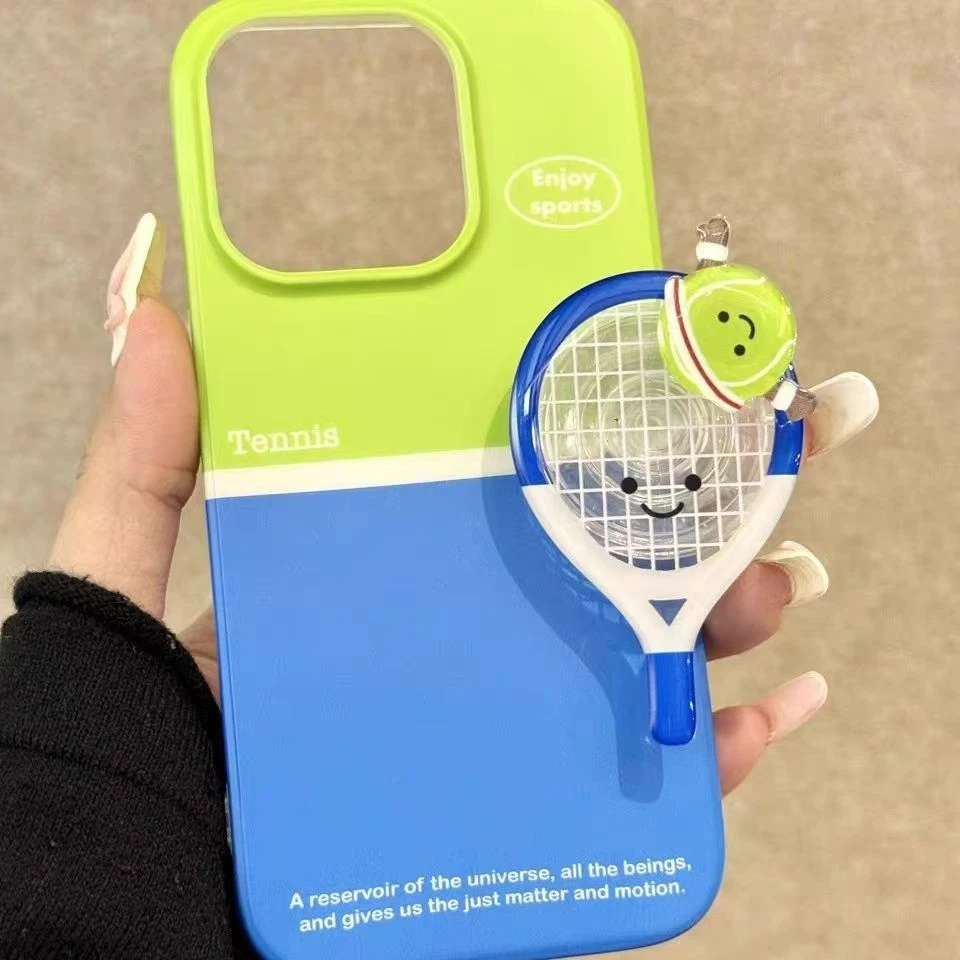 ins风高级感绿拼蓝底网球支架适用苹果16promax新款14pro手机壳12