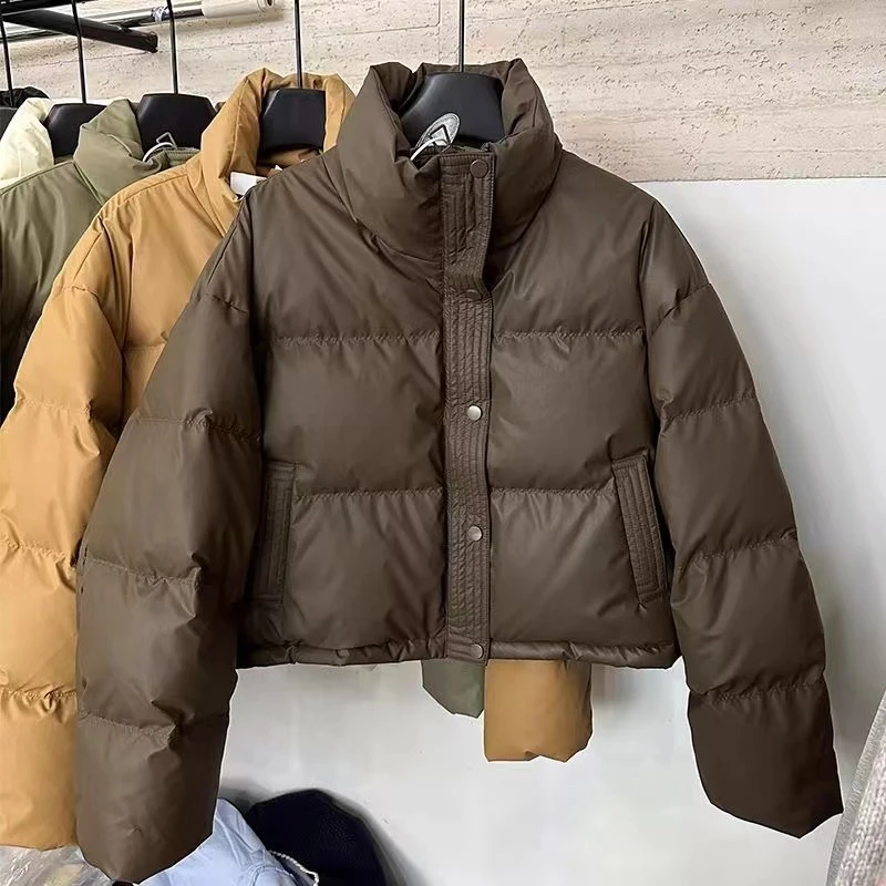 短款PU皮羽绒服冬季美式潮牌立领面包服显瘦加厚保暖外套小个子