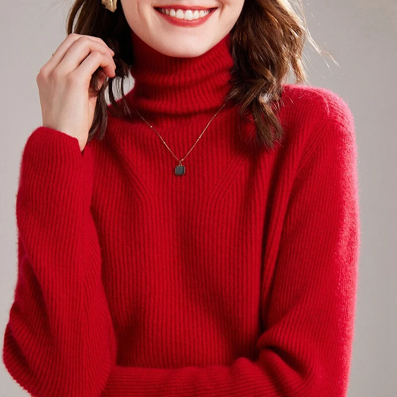 歆旭2023新秋冬100%纯山羊绒衫女立领宽松堆堆领短款针织外穿内搭