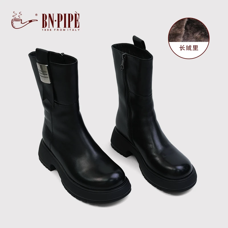百年烟斗黑色真皮靴子中筒靴厚底粗跟2024新款冬季加绒马丁靴女款