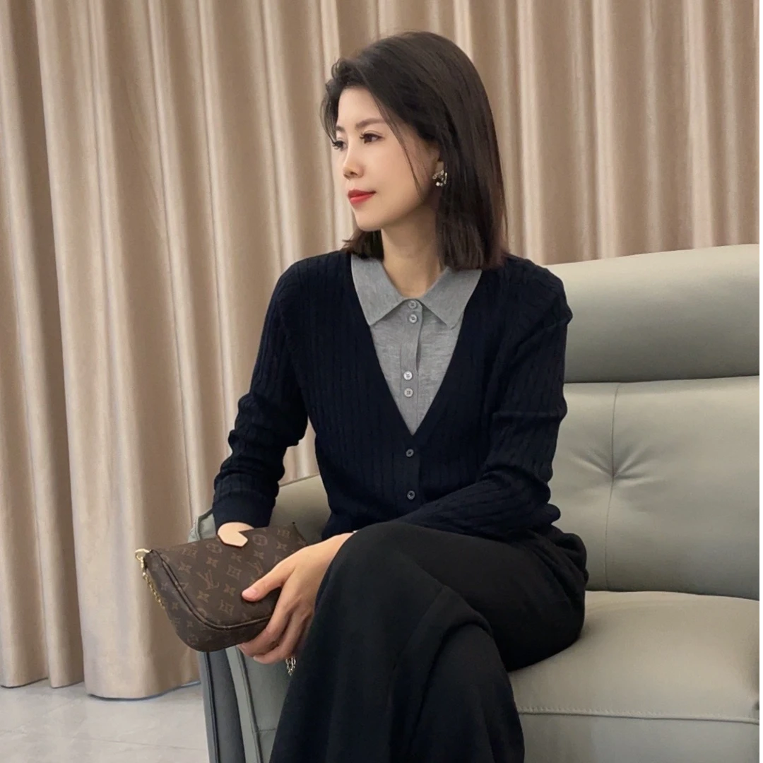 JY24秋冬时尚简约气质百搭v领显瘦假二件上衣针织毛衣