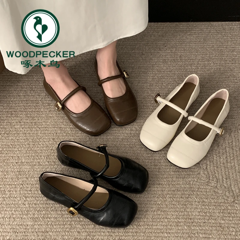啄木鸟黑色法式方头浅口平底单鞋女2024新款夏季小香风玛丽珍女鞋
