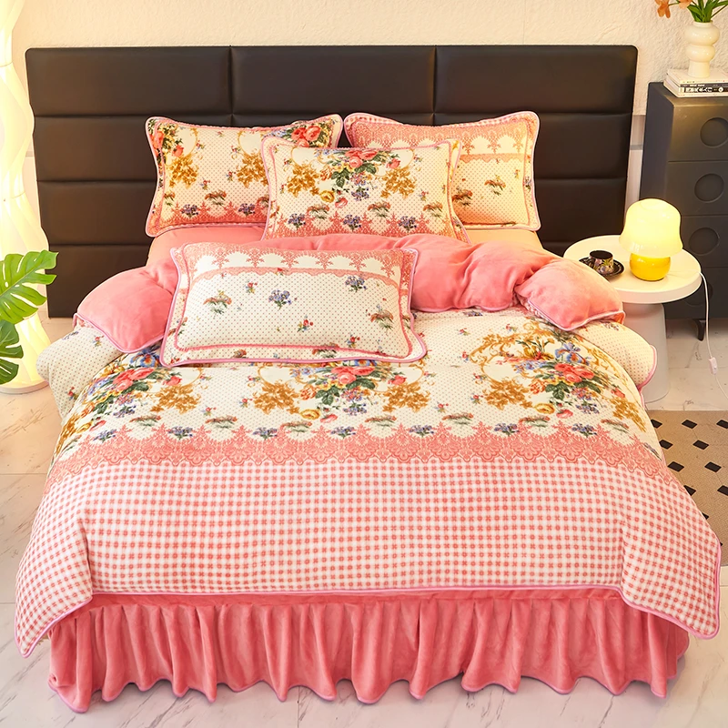 LangSha/浪莎牛奶绒床裙款加厚加绒防静电保暖四件套印花公主风