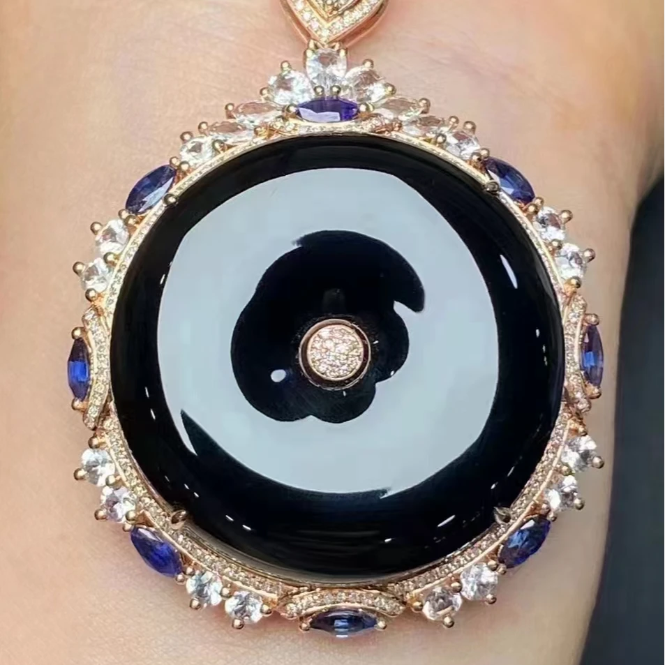 缅甸天然A货墨翠18K金镶嵌平安扣吊坠气质时尚百搭挂坠精致大女王