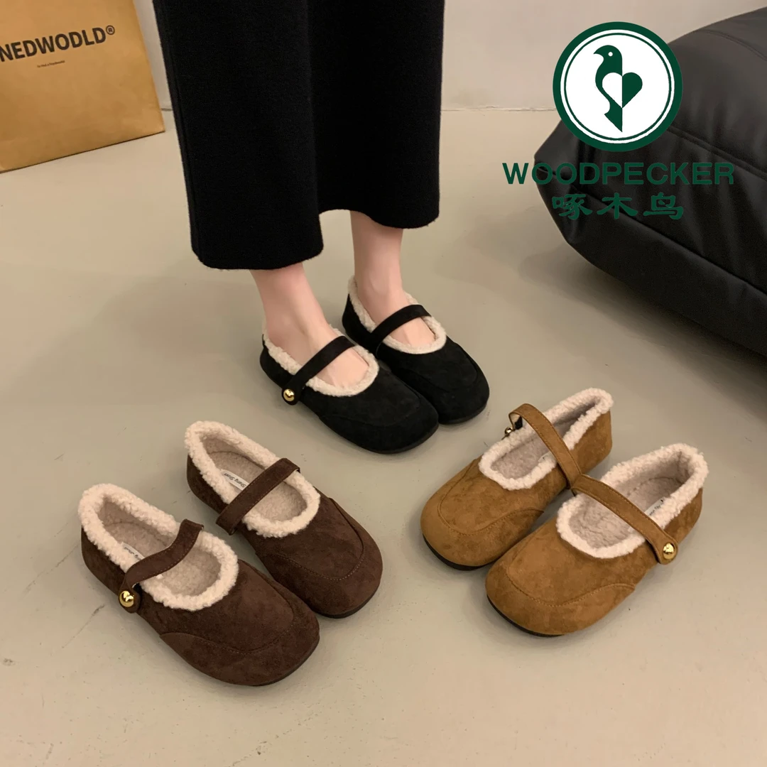 啄木鸟毛毛玛丽珍女鞋2025秋冬新款平底加绒勃肯鞋配裙子孕妇棉鞋