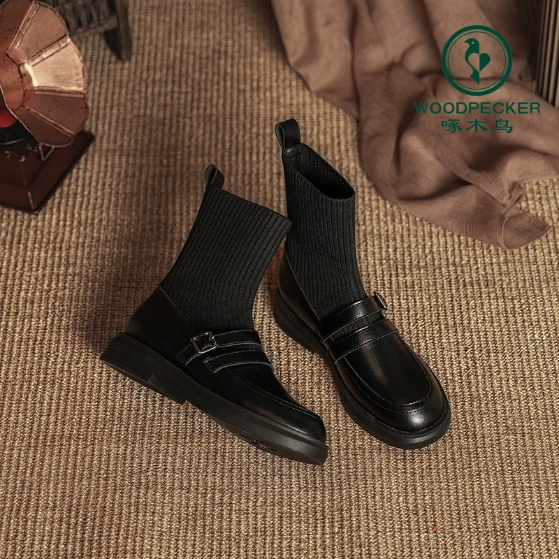 啄木鸟袜靴2025流行短靴春秋单靴女英伦风厚底针织黑色爆款瘦瘦靴