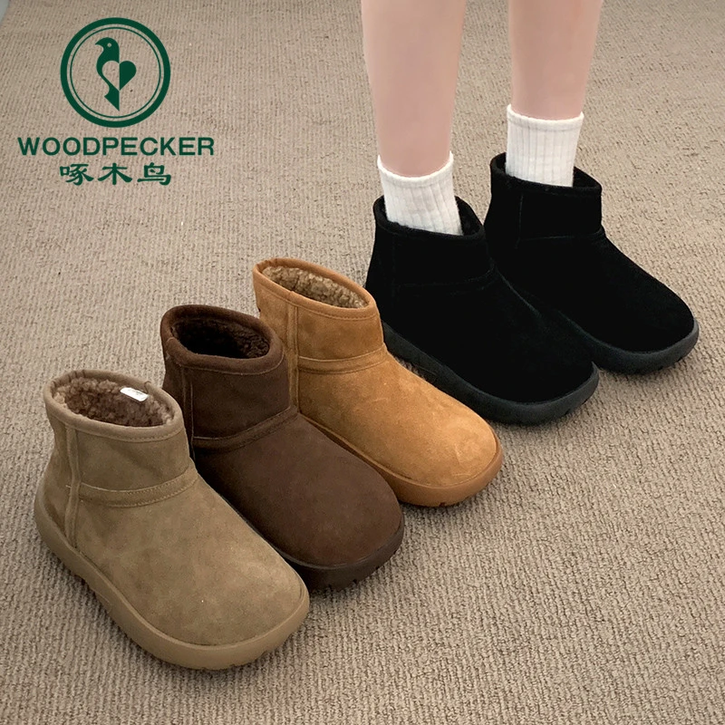 啄木鸟面包雪地靴短靴女新款冬季加绒女鞋子厚底防水防滑勃肯棉鞋