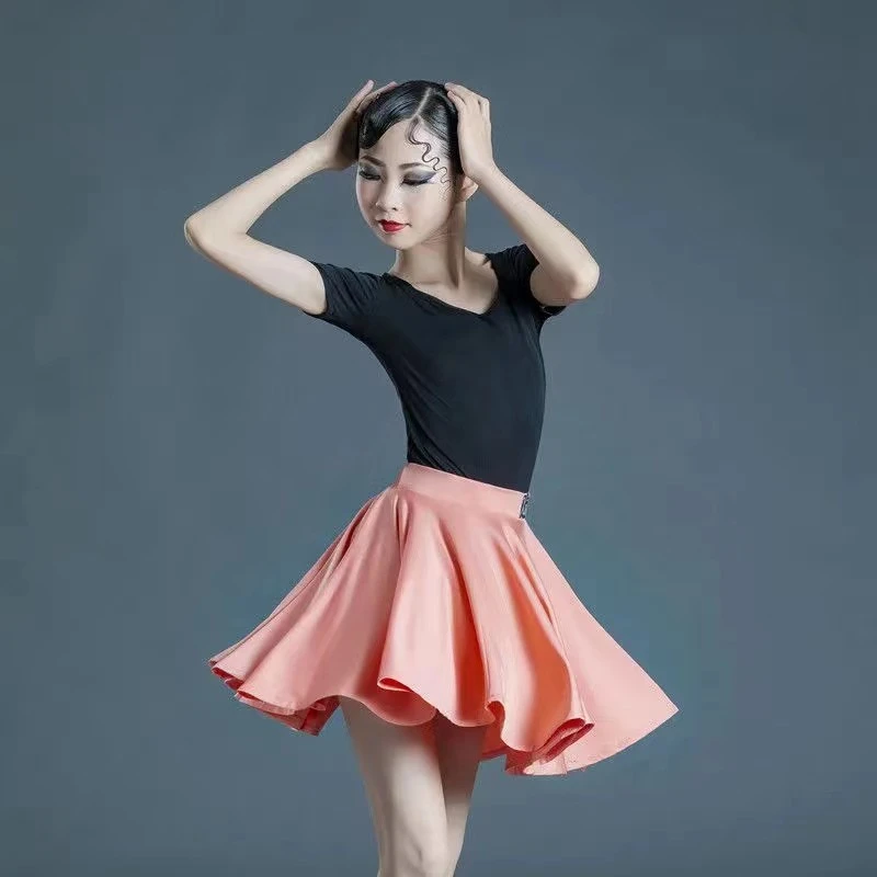 儿童拉丁舞练功服女童夏季舞蹈练习服少儿短袖表演服装大裙摆套装