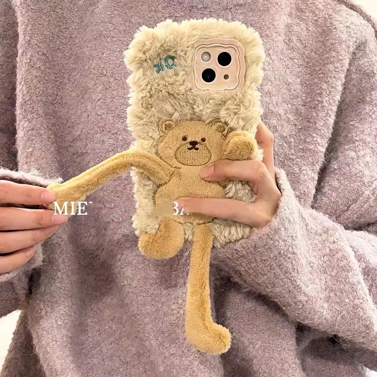秋冬毛绒拉耳支架小熊适用iPhone14苹果13promax手机壳11/12新款s