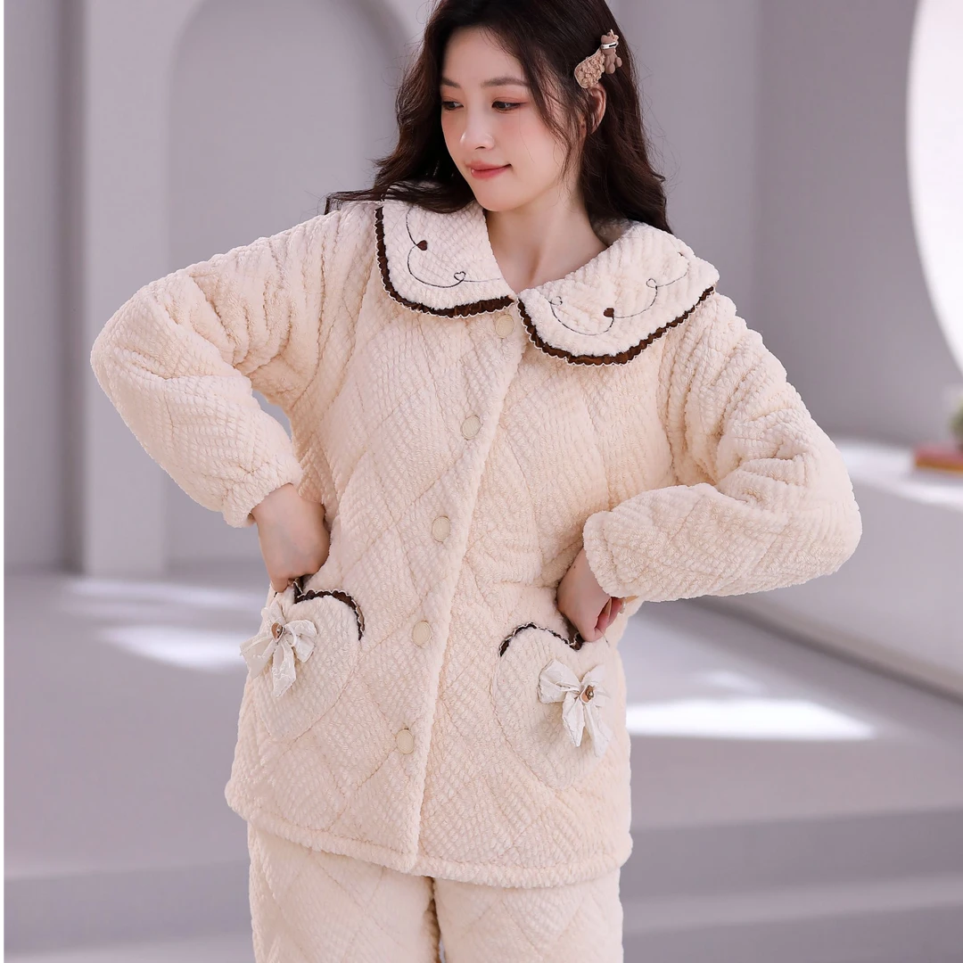 新款三层夹棉加厚女士冬季保暖外穿女款长袖加厚家居服套装加绒