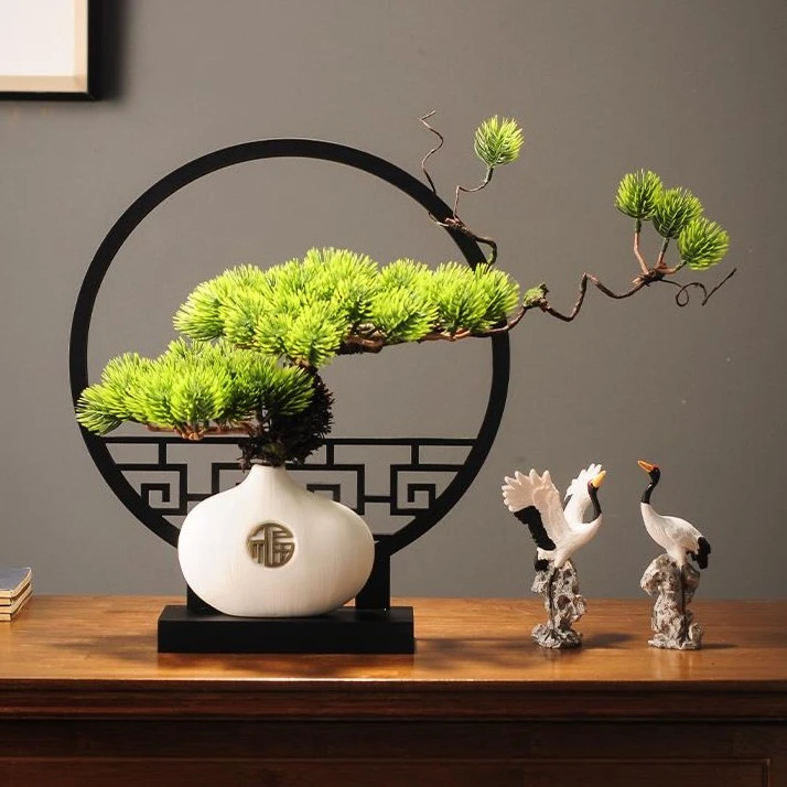 仿真迎客松盆景屏风摆件禅意客厅装饰品玄关柜办公室景观酒店造景