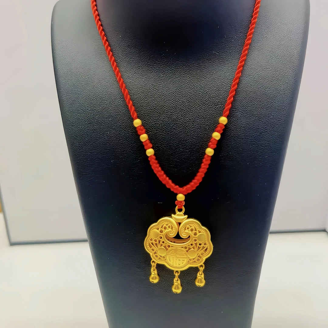 铜合金布艺吊坠 金色五福祥云锁平安如意长命福贵锁挂绳调节编织