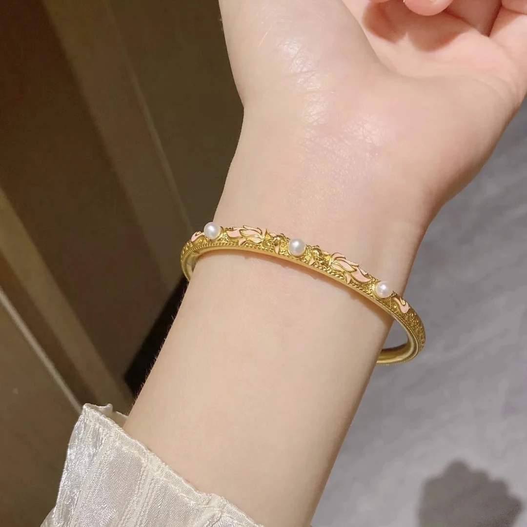 铜合金手镯 新款十里红妆浮雕手镯女莲花锦鲤镯子闺蜜手环饰品