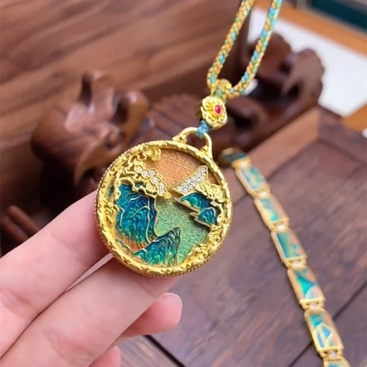 铜合金项链 千里江山圆牌3D工艺项链毛衣链山水牌古法立体镶嵌