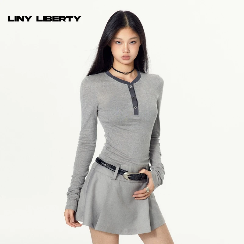 LINY LIBERTY 23SS 设计感简约灰色修身显瘦长袖a字连衣裙女秋