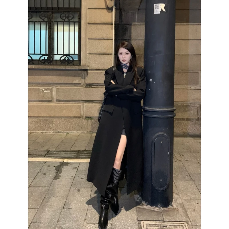 【凳凳tab】 无法抗拒的TA  “韩素汐”黑色高级长款风衣西装宽松