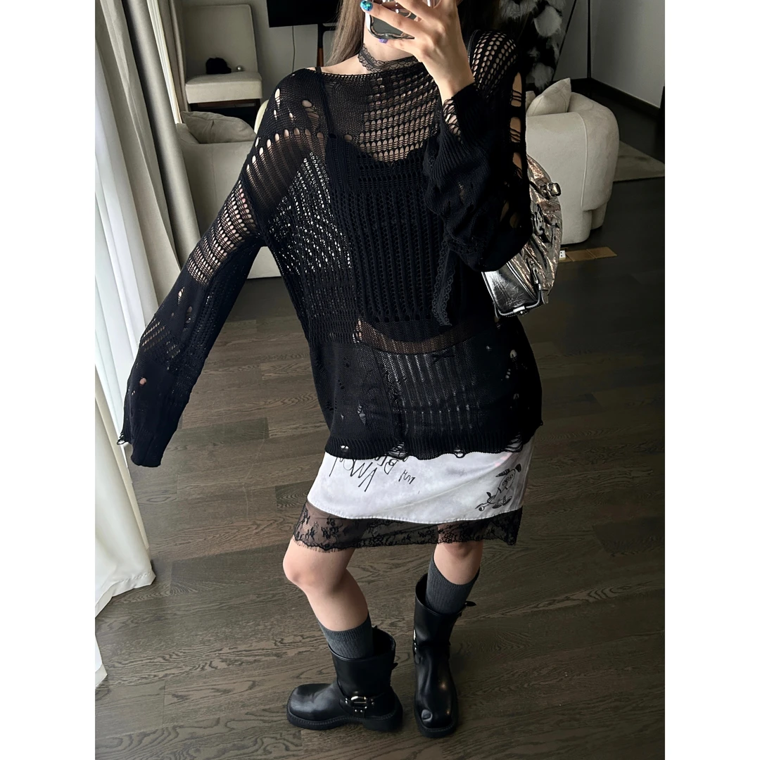 【凳凳tab】 破坏罩衫  宽松镂空长袖针织衫