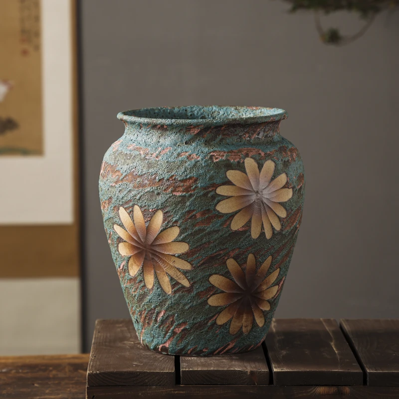 巷子里纯手工复古雕刻向日葵小雏菊绿植多肉艺术陶瓷花盆花器