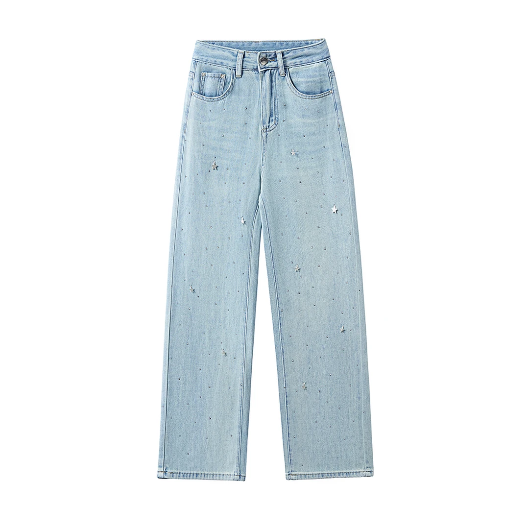 牛仔裤子女直筒宽松显瘦设计师款重工烫钻时尚水洗蓝色25新款0219