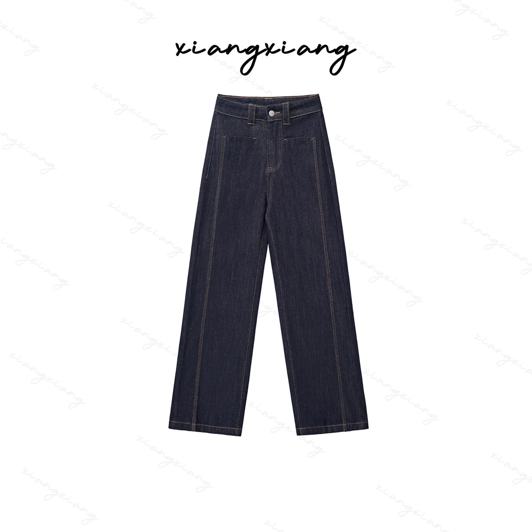 牛仔裤女秋冬季直筒宽松阔腿高腰显瘦设计师款加厚加绒丹宁蓝1290