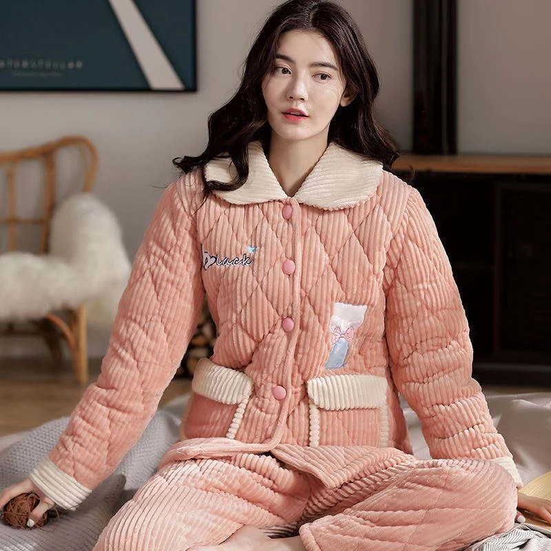 DD118女士睡衣秋冬季三层加绒加厚夹棉袄法兰绒家居服套装可外穿