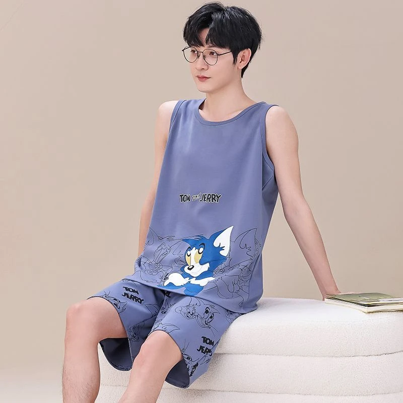 无袖背心纯棉男睡衣套装夏大码宽松学生卡通青少年男士家居服夏季