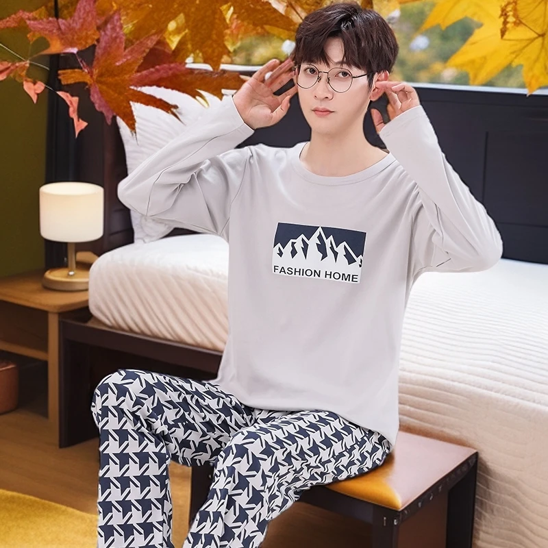 睡衣男士纯棉春秋季长袖长裤休闲大码青少年可外穿秋冬家居服套装