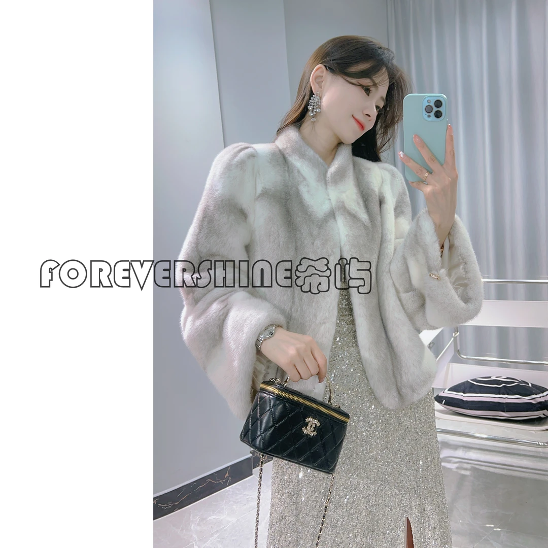 希屿【名门千金】短毛短款外套女装银十字水貂立领洋气