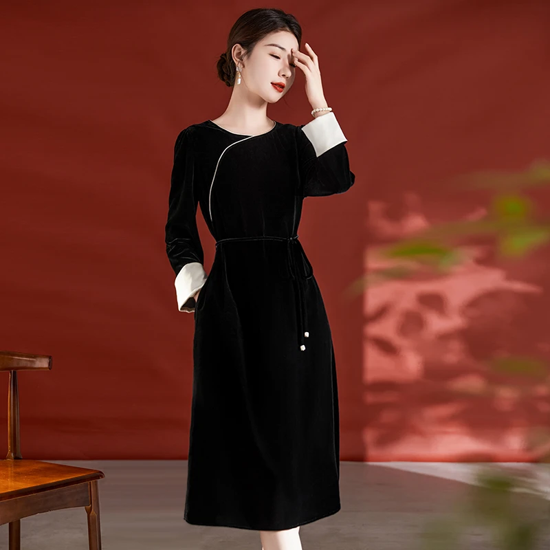水墨佳人新款中式45梭密度真丝丝绒连衣裙82395958