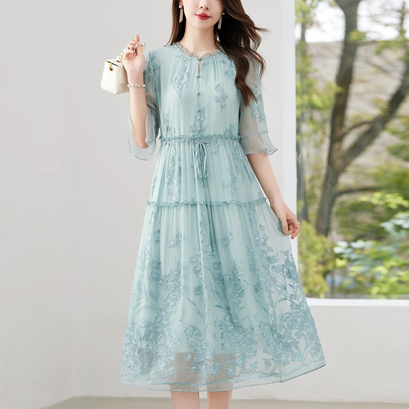 【富春】水墨佳人100%桑蚕丝真丝刺绣连衣裙82497520